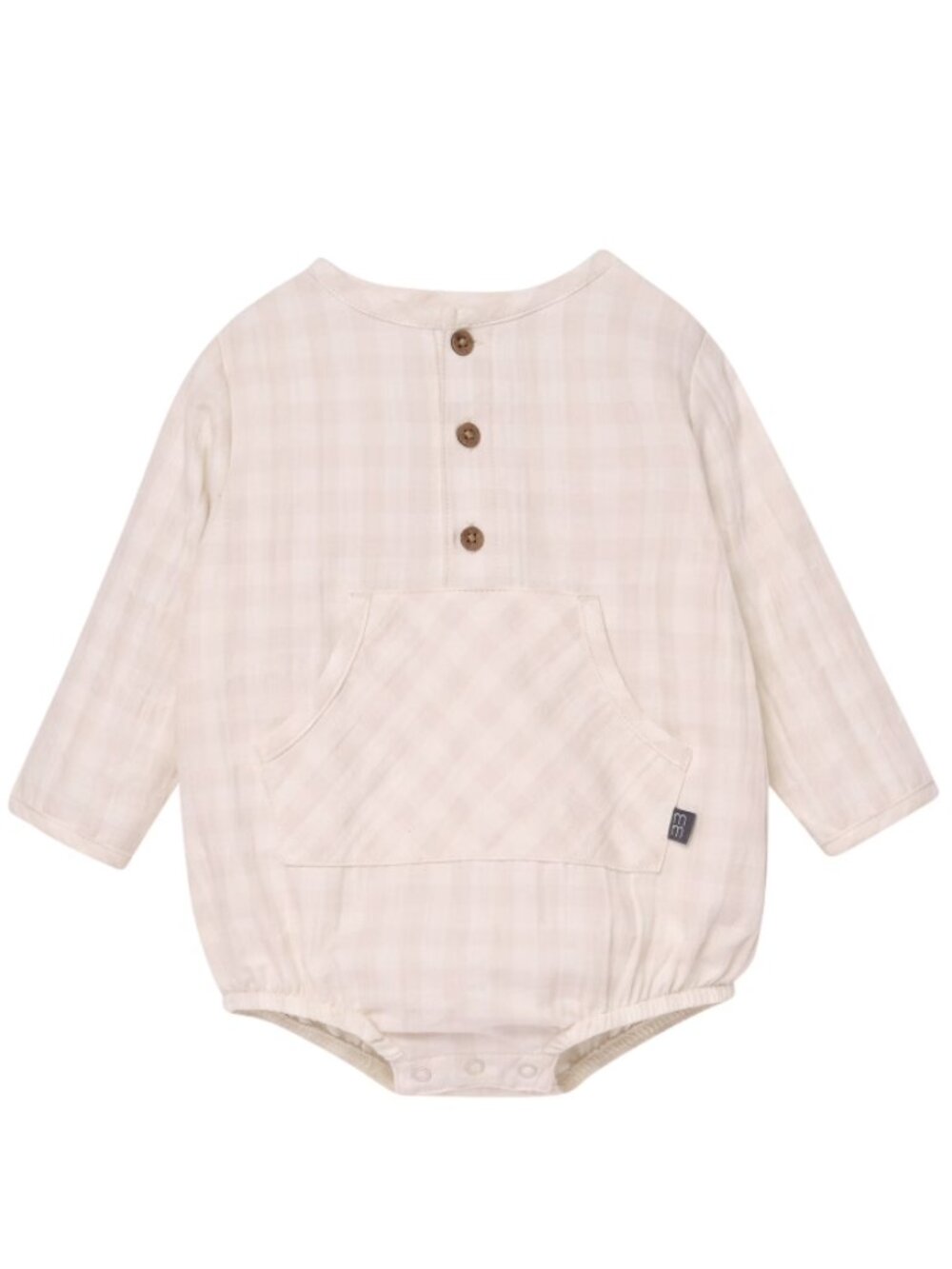 Modern Moments Gerber Baby Henley Romper Kanga Pocket, Tan Gingham 12m 18m 24m